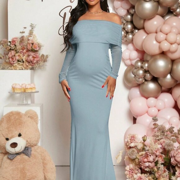 Baby Blue Elegant Women's Maternity Foldover Off Shoulder Mermaid Hem Dress - Picture 3 of 7